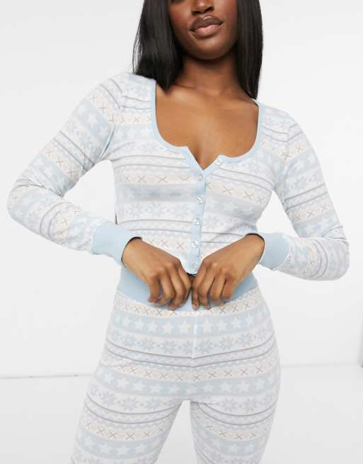 ASOS DESIGN Christmas fair isle button down top u0026 leggings pyjama set in  blue u0026 cream | ASOS