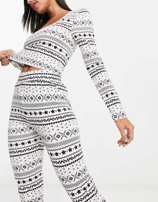 ASOS DESIGN Christmas fairisle square neck long sleeve top legging pyjama set in cream