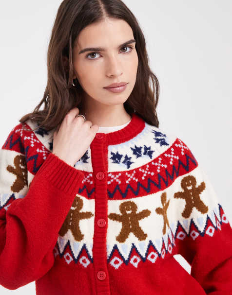 ASOS DESIGN christmas gingerbread cardigan in red - view 1