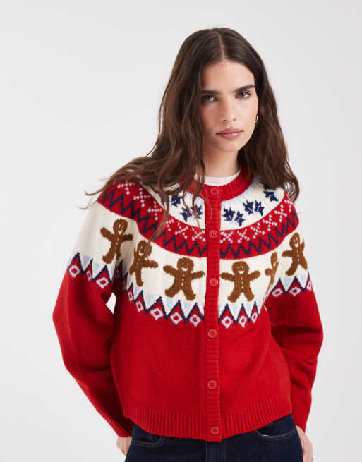 ASOS DESIGN christmas gingerbread cardigan in red, 2 of 4