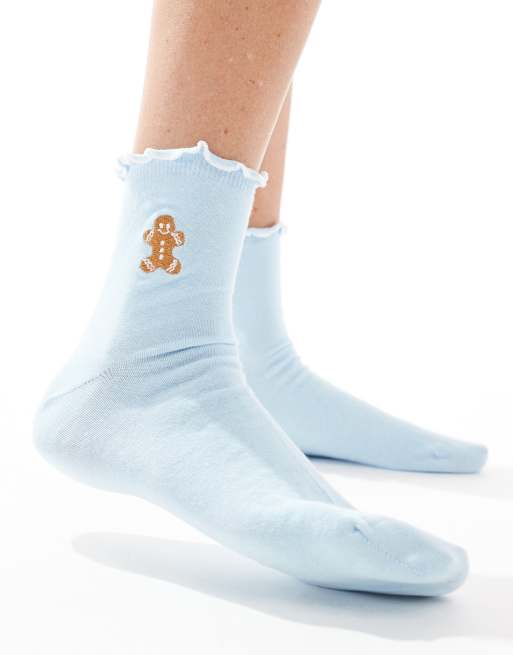 ASOS DESIGN Christmas gingerbread embroidery socks with frill edge in blue
