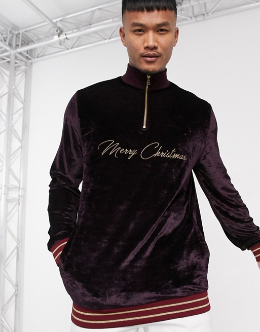 ASOS DESIGN christmas half zip sweatshirt in velour with embroidery