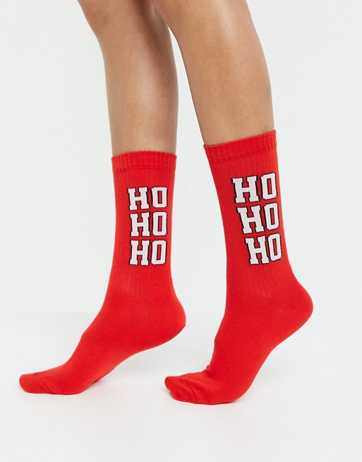 ASOS DESIGN Christmas ho ho ho slogan calf length sock in red