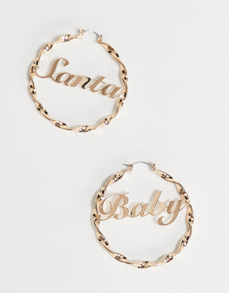 ASOS DESIGN Christmas hoop earrings with Santa baby design in gold tone