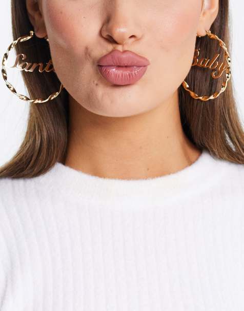 ASOS DESIGN Christmas hoop earrings with santa baby design in gold tone - view 1