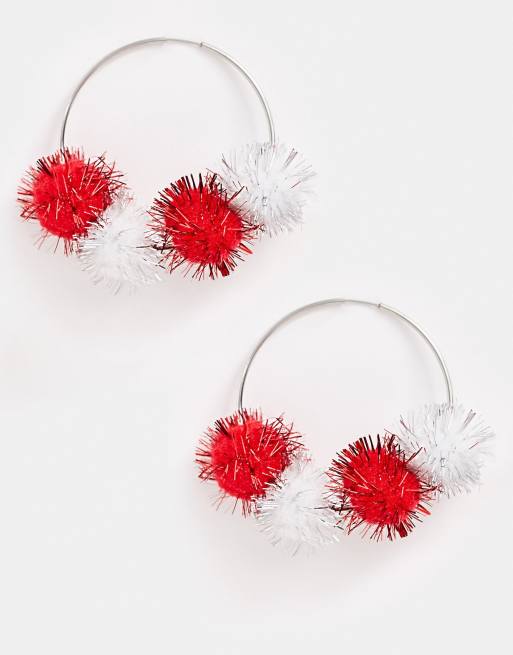 ASOS DESIGN Christmas hoops earrings with tinsel balls