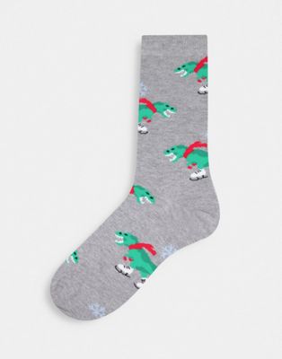ASOS DESIGN christmas ice skating dinosaur ankle socks-Multi