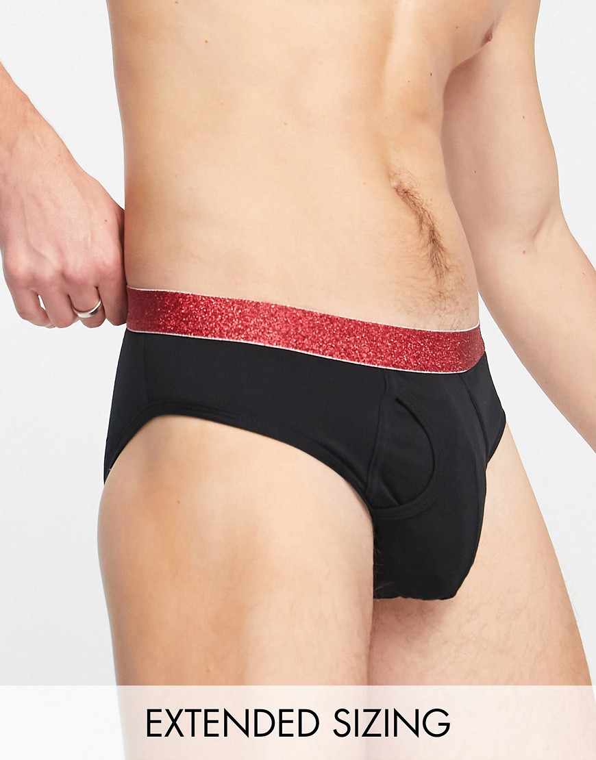 ASOS DESIGN Christmas jersey briefs in black with red glitter waistband