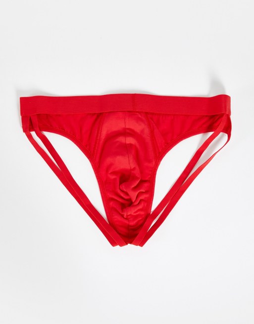 ASOS DESIGN christmas jock in bright red with double straps , 2 of 4