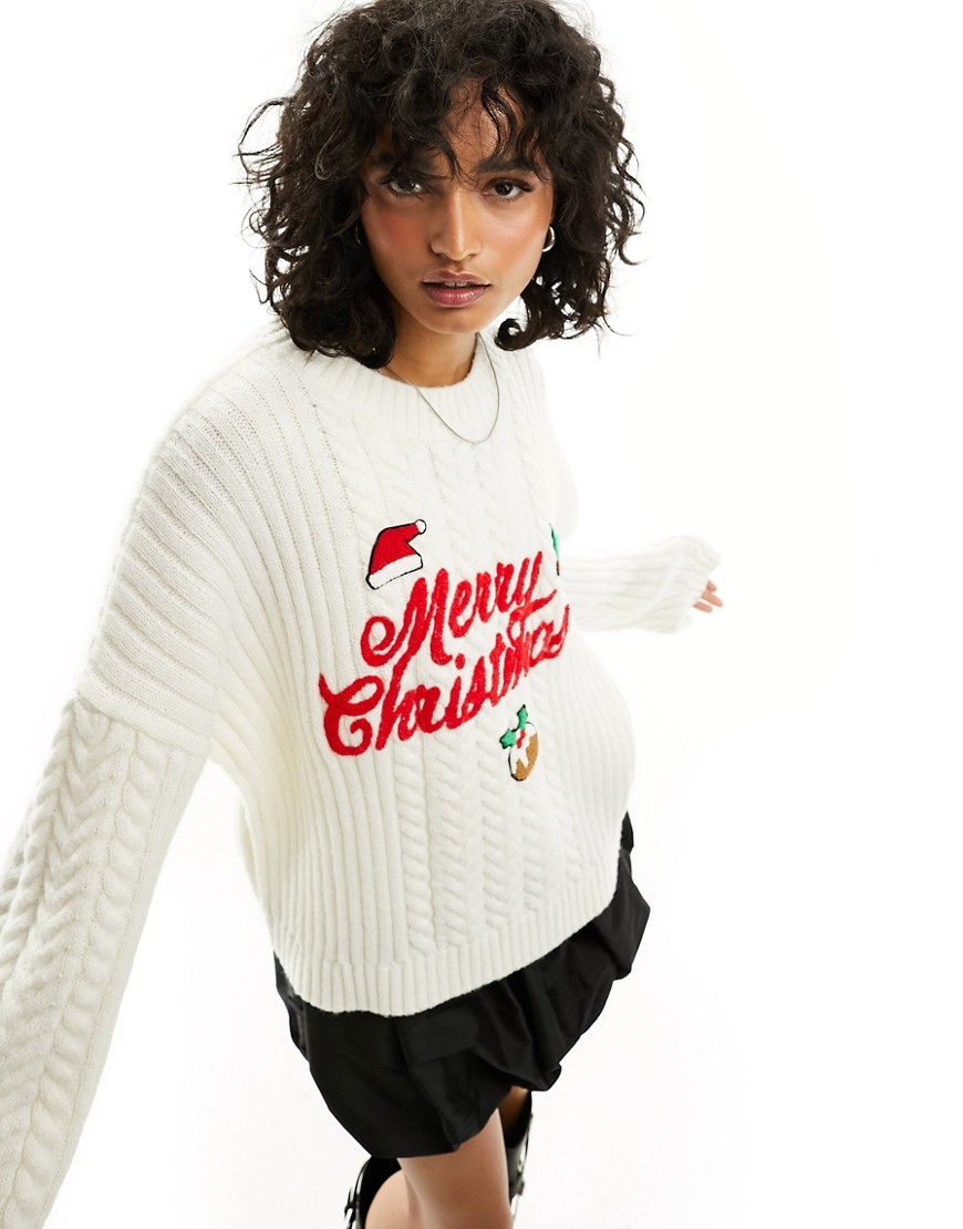 ASOS DESIGN Christmas jumper in cable knit with applique-White
