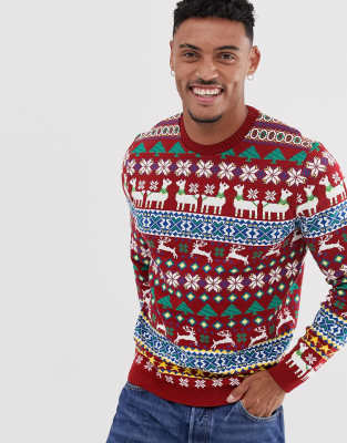 ASOS DESIGN christmas jumper in llama design-Red