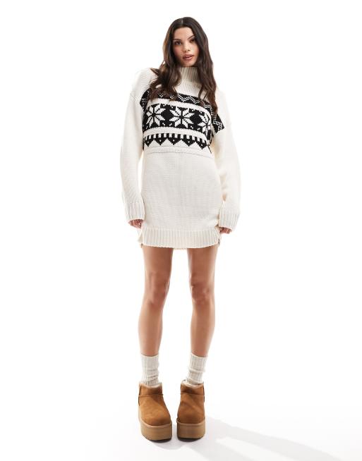 ASOS DESIGN Christmas jumper mini dress in placement fair isle pattern in cream and black, 2 of 4