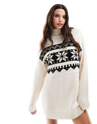 ASOS DESIGN Christmas jumper mini dress in placement fairisle pattern in cream and black-White