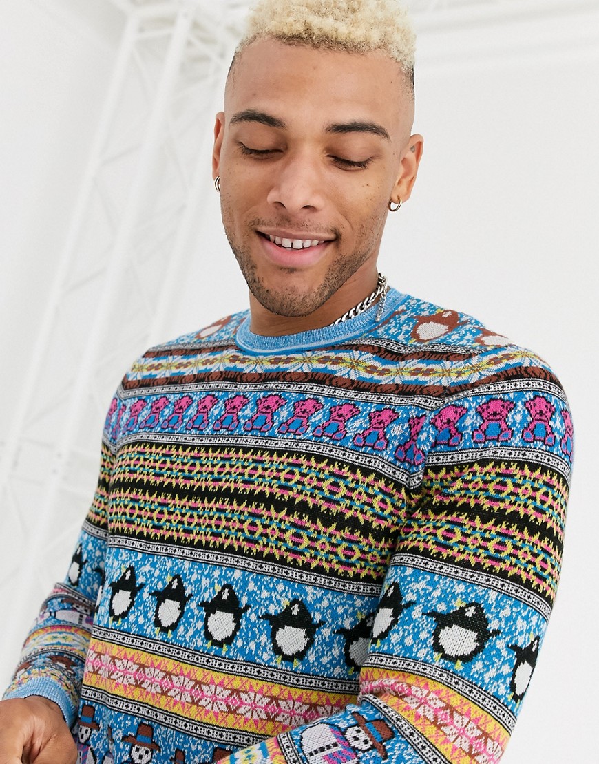 ASOS DESIGN christmas jumper with all over design in blue