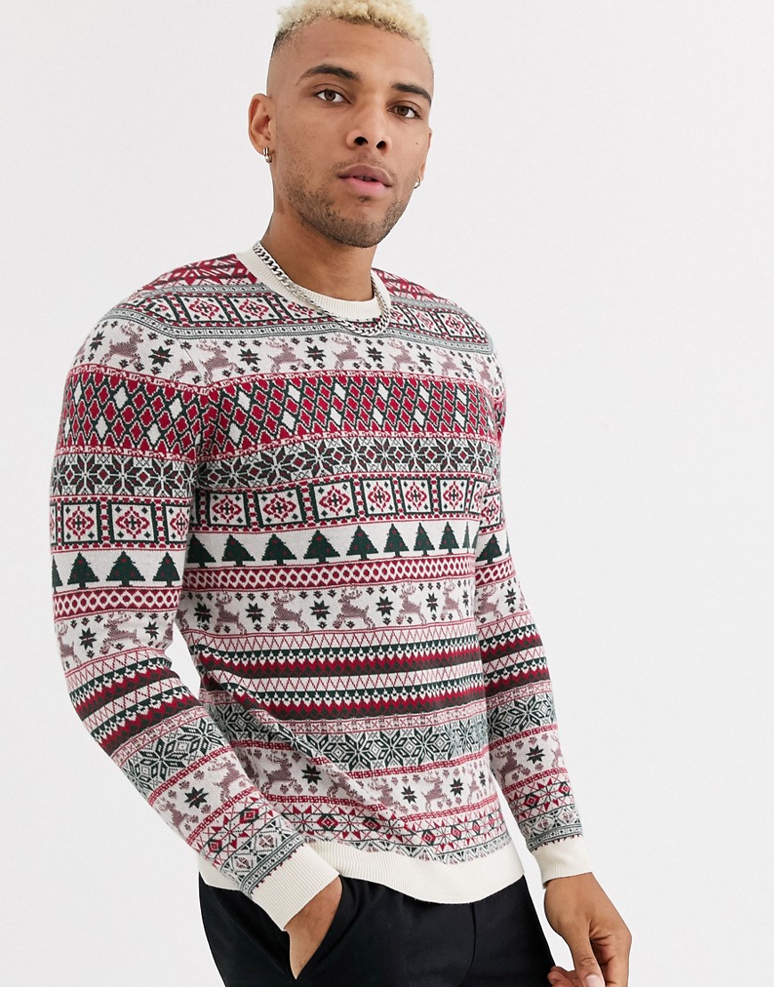 ASOS DESIGN christmas jumper with all over design in oatmeal-Multi
