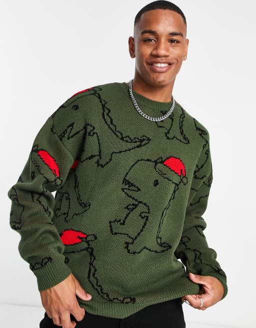 ASOS DESIGN christmas jumper with all over dinosaur jacquard