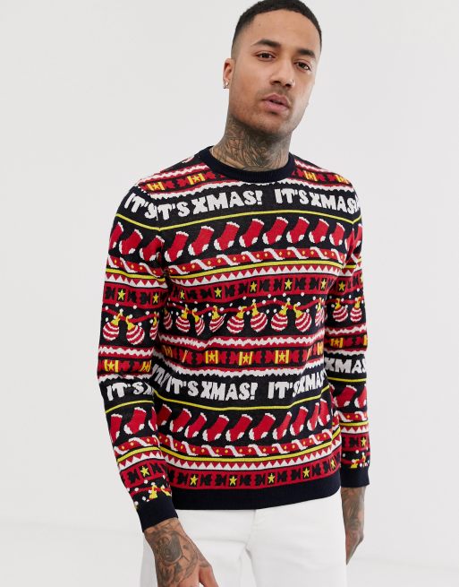 ASOS DESIGN Christmas jumper with all over festive design in navy | ASOS