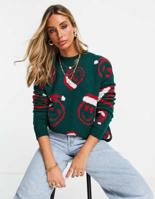 ASOS DESIGN Christmas jumper with smile face pattern in green | ASOS