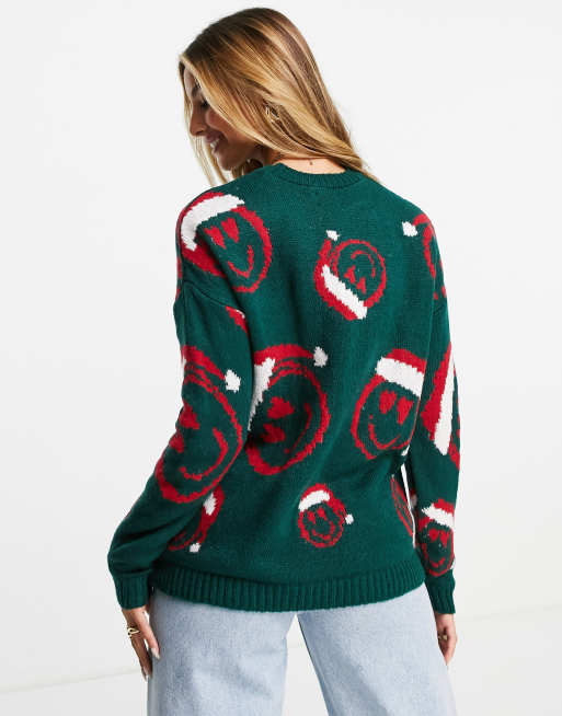 ASOS DESIGN Christmas jumper with smile face pattern in green ASOS