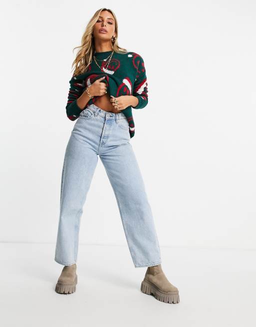 ASOS DESIGN Christmas jumper with smile face pattern in green, 4 of 4