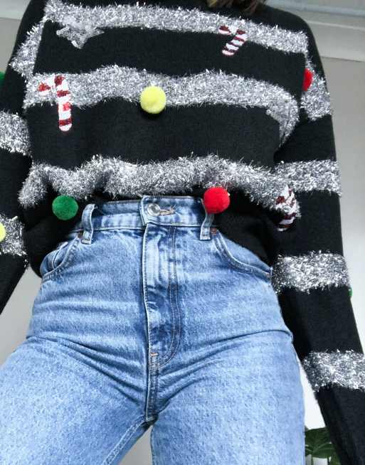 ASOS DESIGN Christmas jumper with tinsel and baubles in green