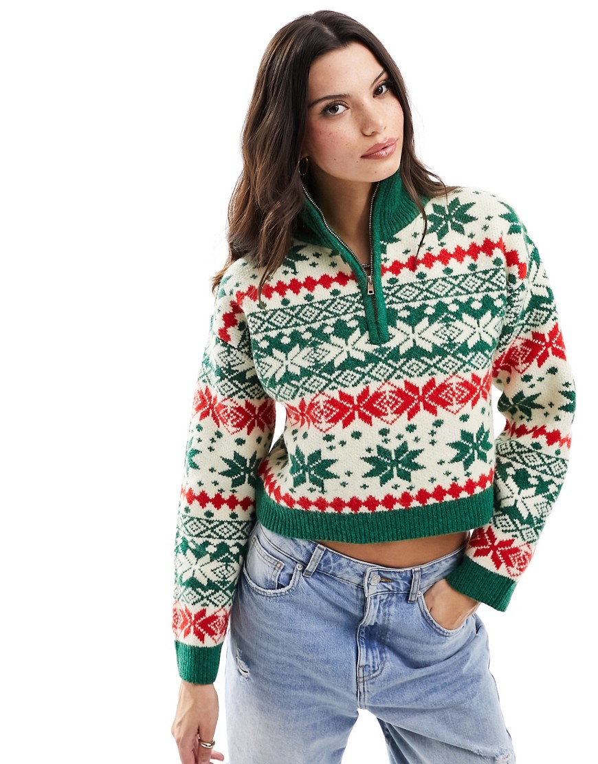 ASOS DESIGN Christmas jumper with zip neck in fairisle pattern-Multi
