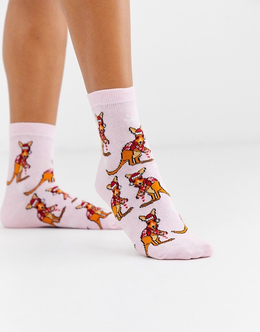 ASOS DESIGN Christmas kangaroo ankle socks in pink