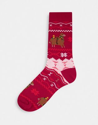 ASOS DESIGN christmas llama fairisle ankle socks in red