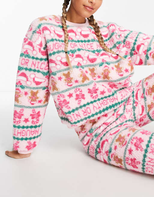 ASOS DESIGN Christmas lounge fair isle borg sweat & trackies set in pink, 3 of 4