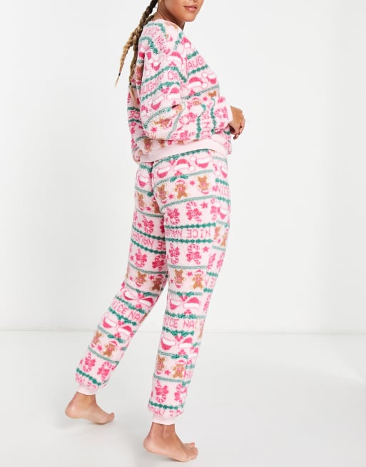 ASOS DESIGN Christmas lounge fair isle borg sweat & trackies set in pink, 4 of 4