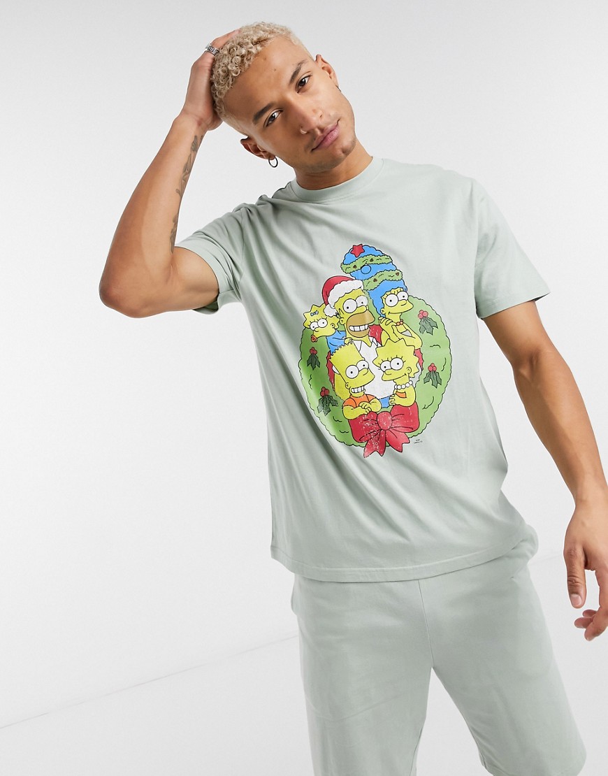 ASOS DESIGN Christmas lounge washed T-shirt and short pajama set with The Simpsons print-Green