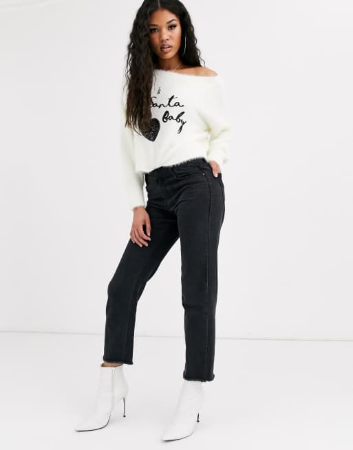 ASOS DESIGN christmas off shoulder jumper in eyelash yarn with sequin  detail | ASOS