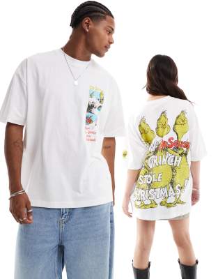 ASOS DESIGN - Christmas - Oversize-T-Shirt in Weiß mit Unisex-Passform und „The Grinch"-Prints