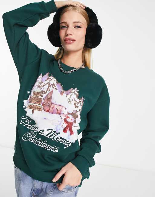 ASOS DESIGN - Christmas - Oversized sweatshirt med retro-landskabsprint i skovgrøn