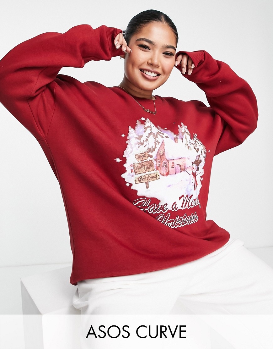 ASOS DESIGN Christmas oversized sweatshirt with retro scenic print in burgundy-Red