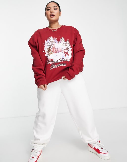ASOS DESIGN Christmas oversized sweatshirt with retro scenic print in burgundy, 4 of 4