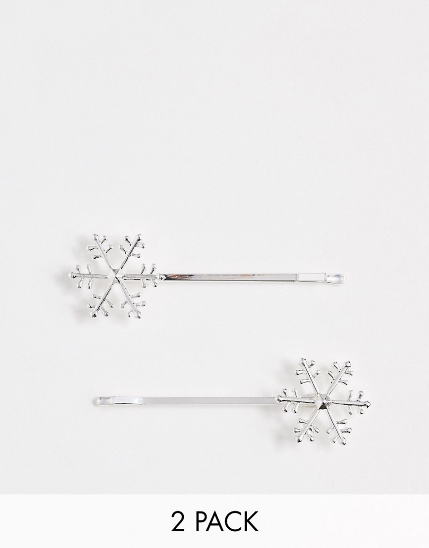 ASOS DESIGN Christmas pack of 2 hair clips in snowflake design with crystals in silver tone