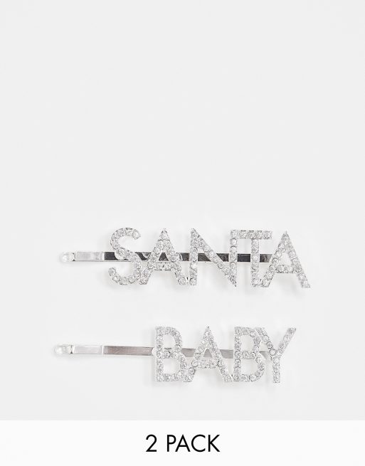 Asos Design Christmas Pack Of 2 Hair Clips With Santa Baby With Crystals In Silver Tone Asos