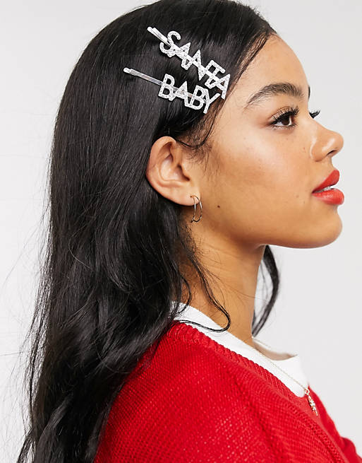 ASOS DESIGN Christmas pack of 2 hair clips with santa baby with crystals in  silver tone | ASOS