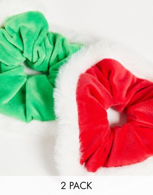 ASOS DESIGN Christmas pack of 2 scrunchies with faux fur