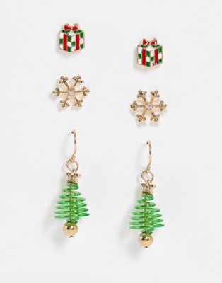 ASOS DESIGN Christmas pack of 3 earrings in mixed christmas tree design
