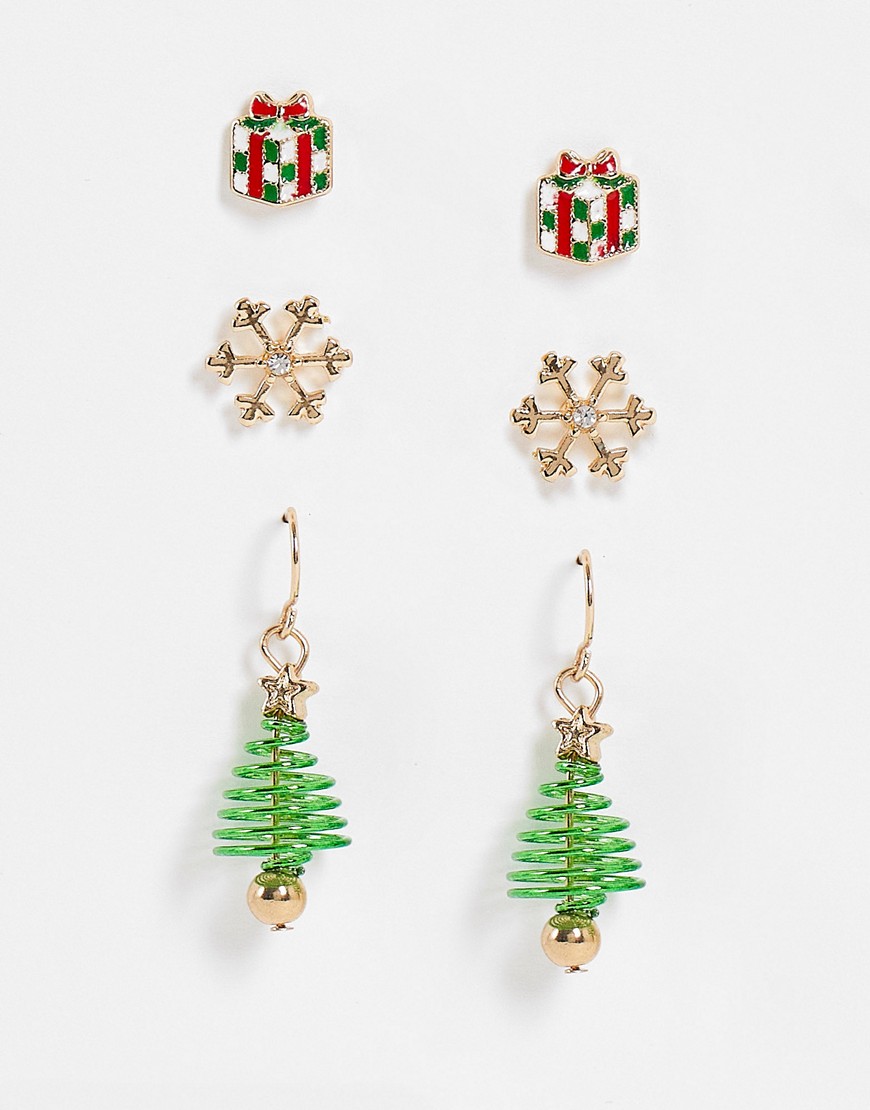 ASOS DESIGN Christmas pack of 3 earrings in mixed christmas tree design-Gold