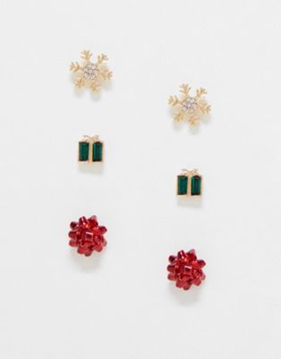 ASOS DESIGN Christmas pack of 3 earrings in mixed festive design