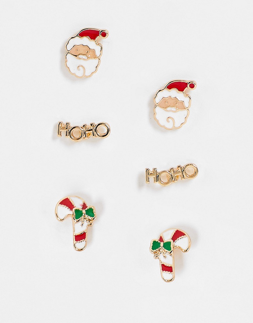 ASOS DESIGN Christmas pack of 3 earrings in mixed santas grotto design-Gold