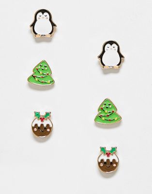 ASOS DESIGN Christmas pack of 3 novelty earrings with enamel design
