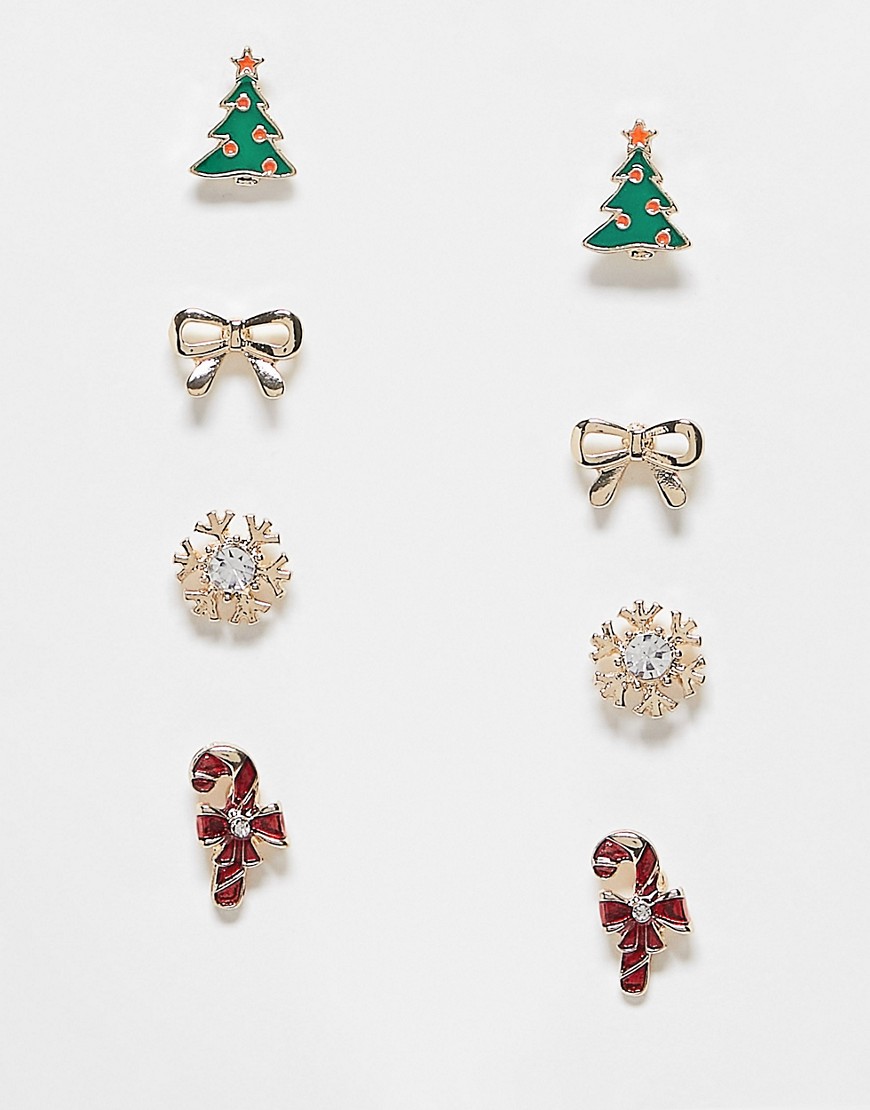 ASOS DESIGN Christmas pack of 4 novelty earrings with tree and candy cane design-Multi