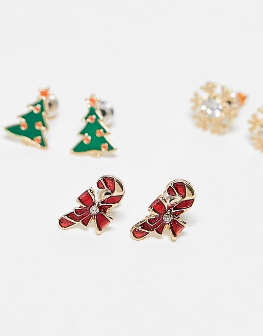 ASOS DESIGN Christmas pack of 4 novelty earrings with tree and candy cane  design