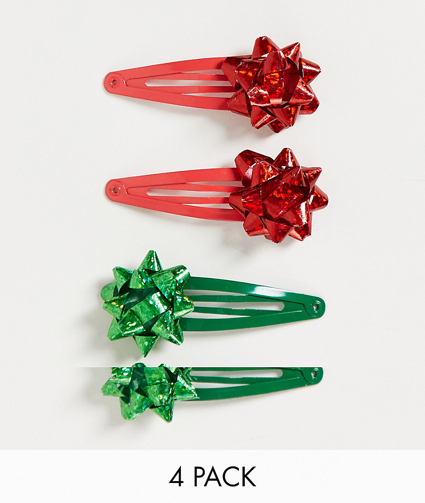 ASOS DESIGN Christmas pack of 4 snap clips with gift bows-Multi
