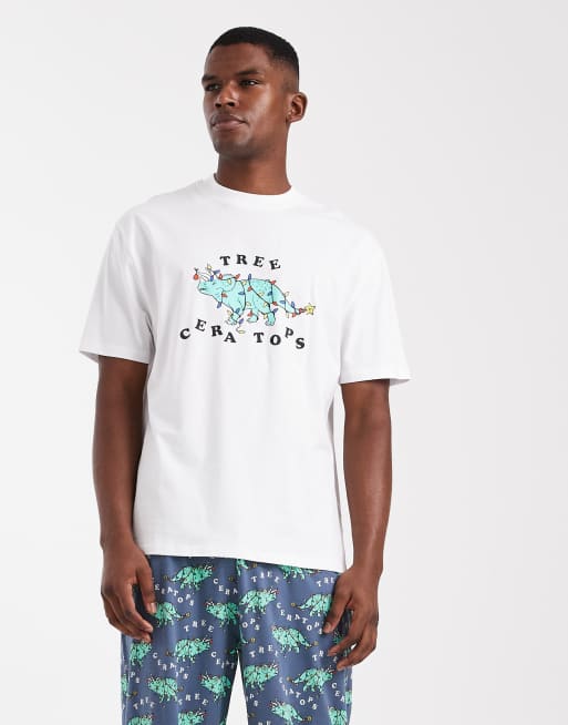 ASOS DESIGN Christmas pajama set with dinosaur graphic in navy