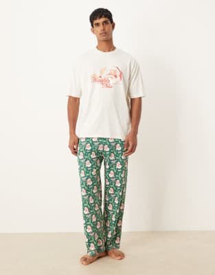 Asos Design Christmas Pajama Set With Retro Santa Graphics In Green